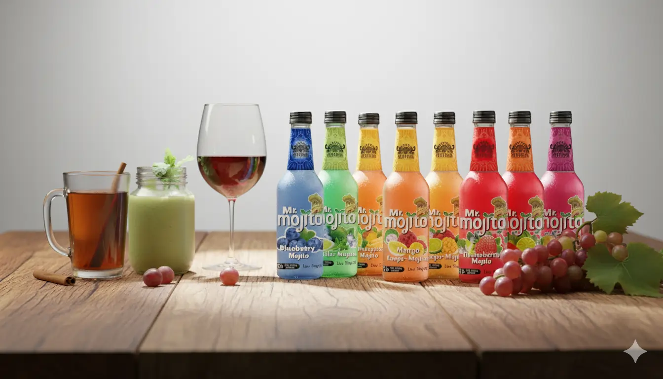 Mr. Mojito colorful mocktail bottles with tea, smoothie, and wine glass showcasing 7 delicious alternatives to drinking wine at night.